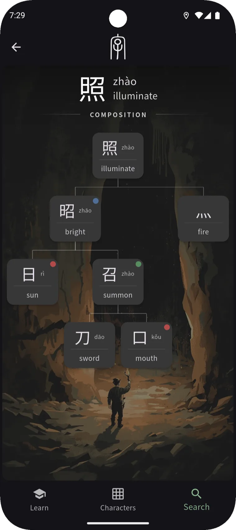 Breaking the character 照 (illuminate) into its composition tree: 昭 (bright) and 灬 (fire), down to 日, 召, 刀 and 口.